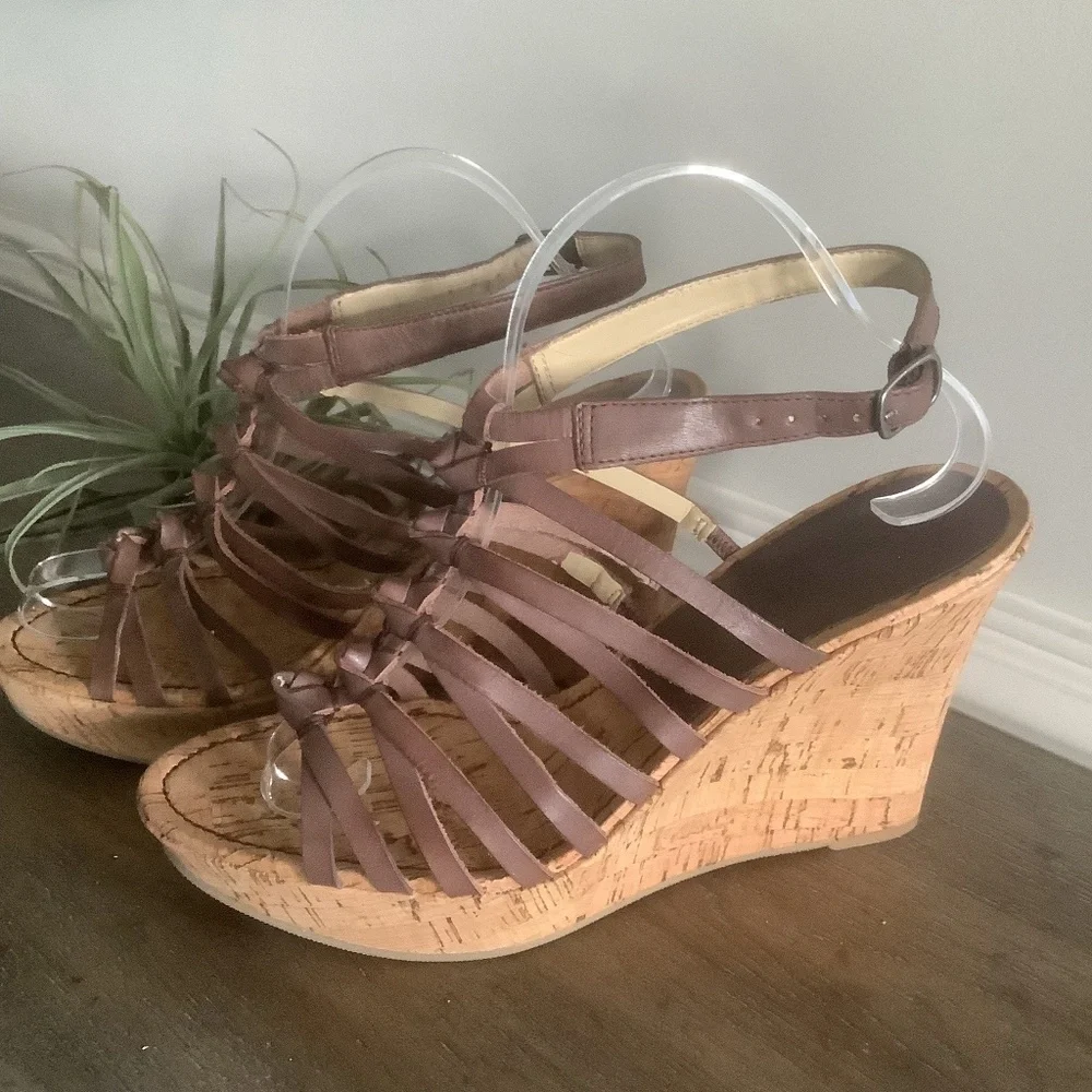 NEW Marc Fisher MFCARNIE Leather Cork Wedge Ankle Strap Sandal Sz 10